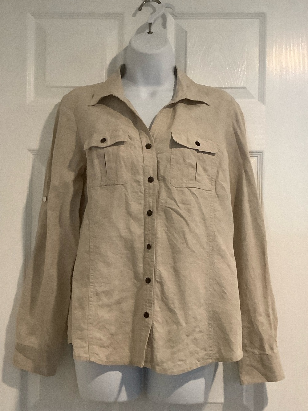SAKS FIFTH AVENUE Threads 100% Linen Neutral Coastal Grandma Resortwear Top 6